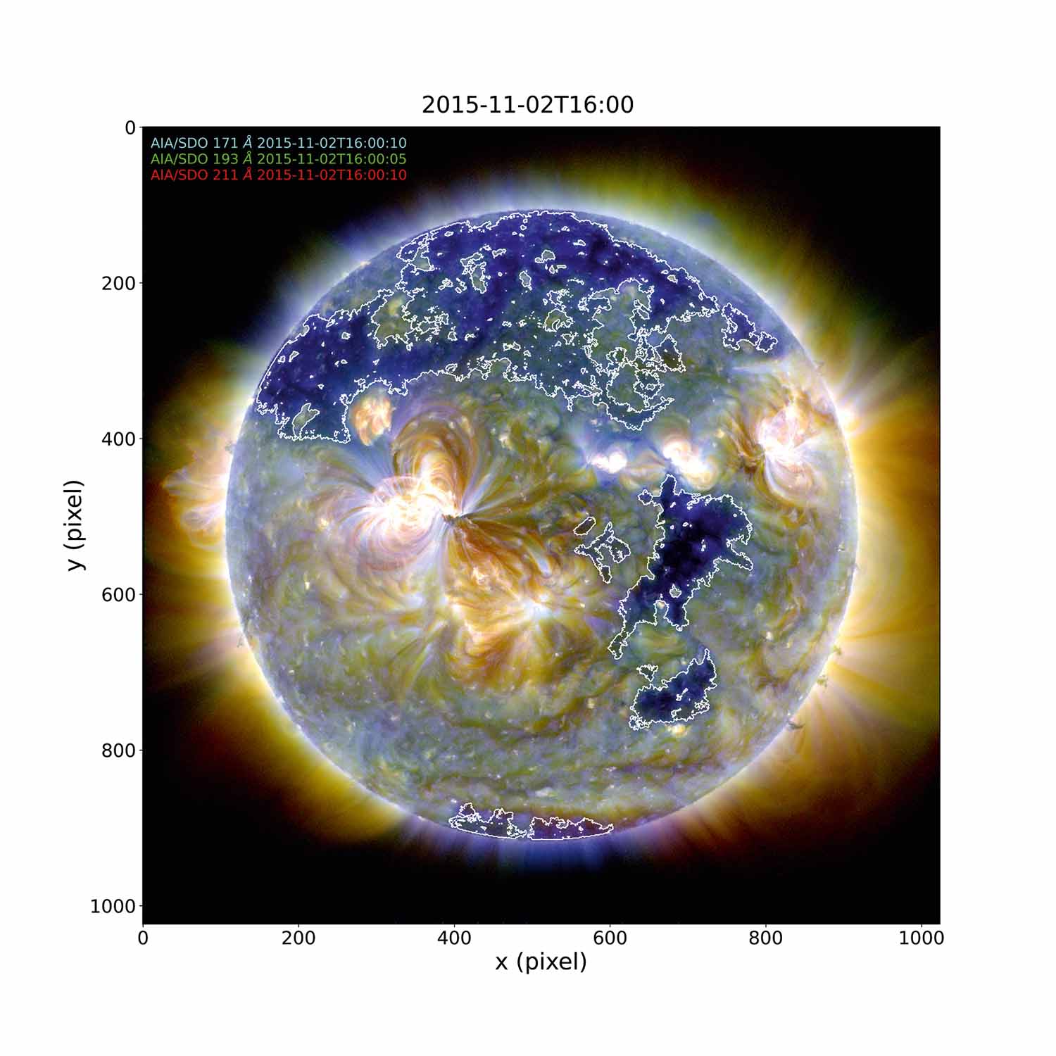Identified Coronal Hole (contours) on the Sun using AIA/SDO data
