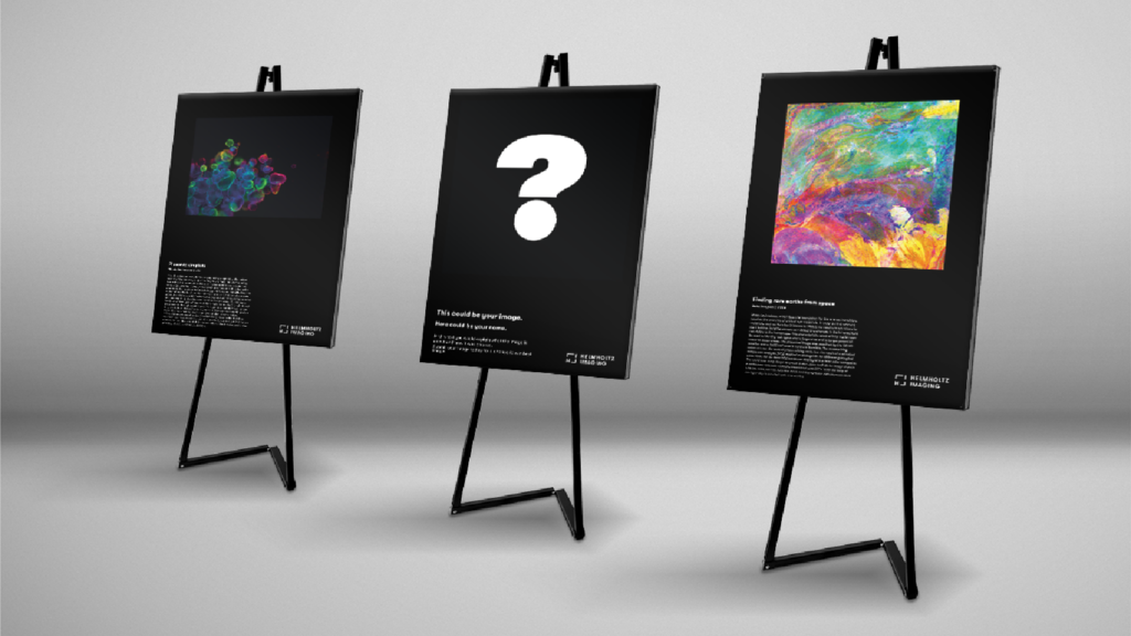 Decorative image. 3 images are being shown in a gallery like setting. The image in the middle contains a question mark. The image on the left was created by Violeta Stojanovska from UFZ  and the one on the right by René Booysen from HZDR.