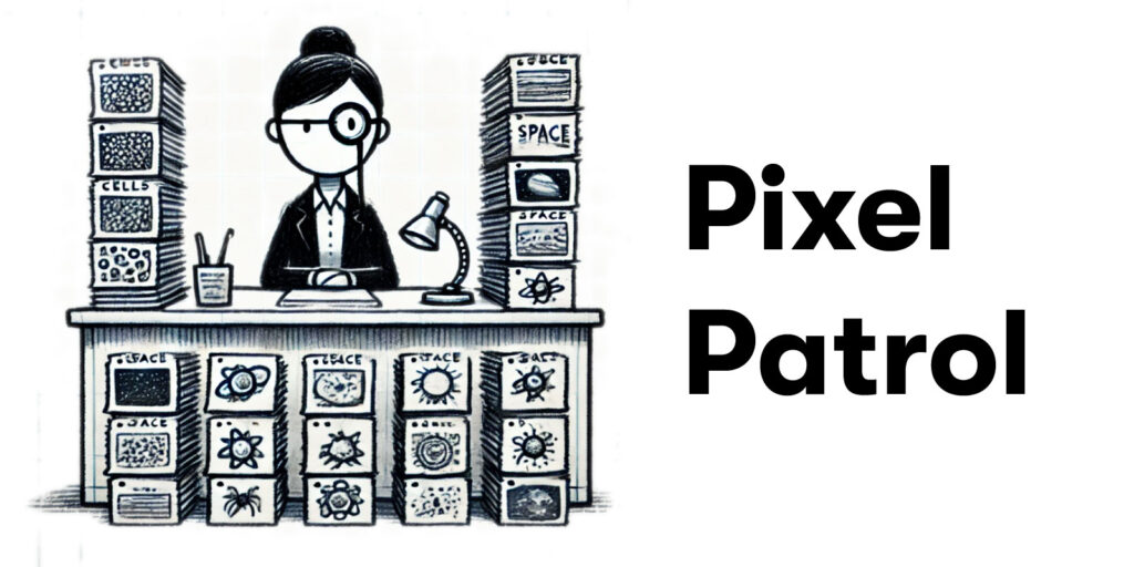 Pixel Patrol visual, woman sitting at a desk