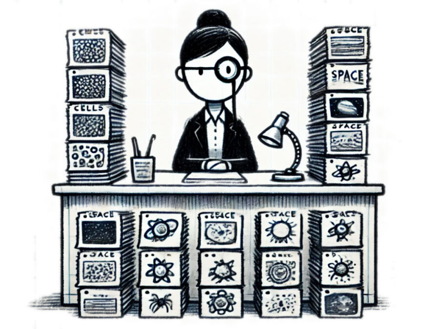 Pixel Patrol visual, woman sitting at a desk