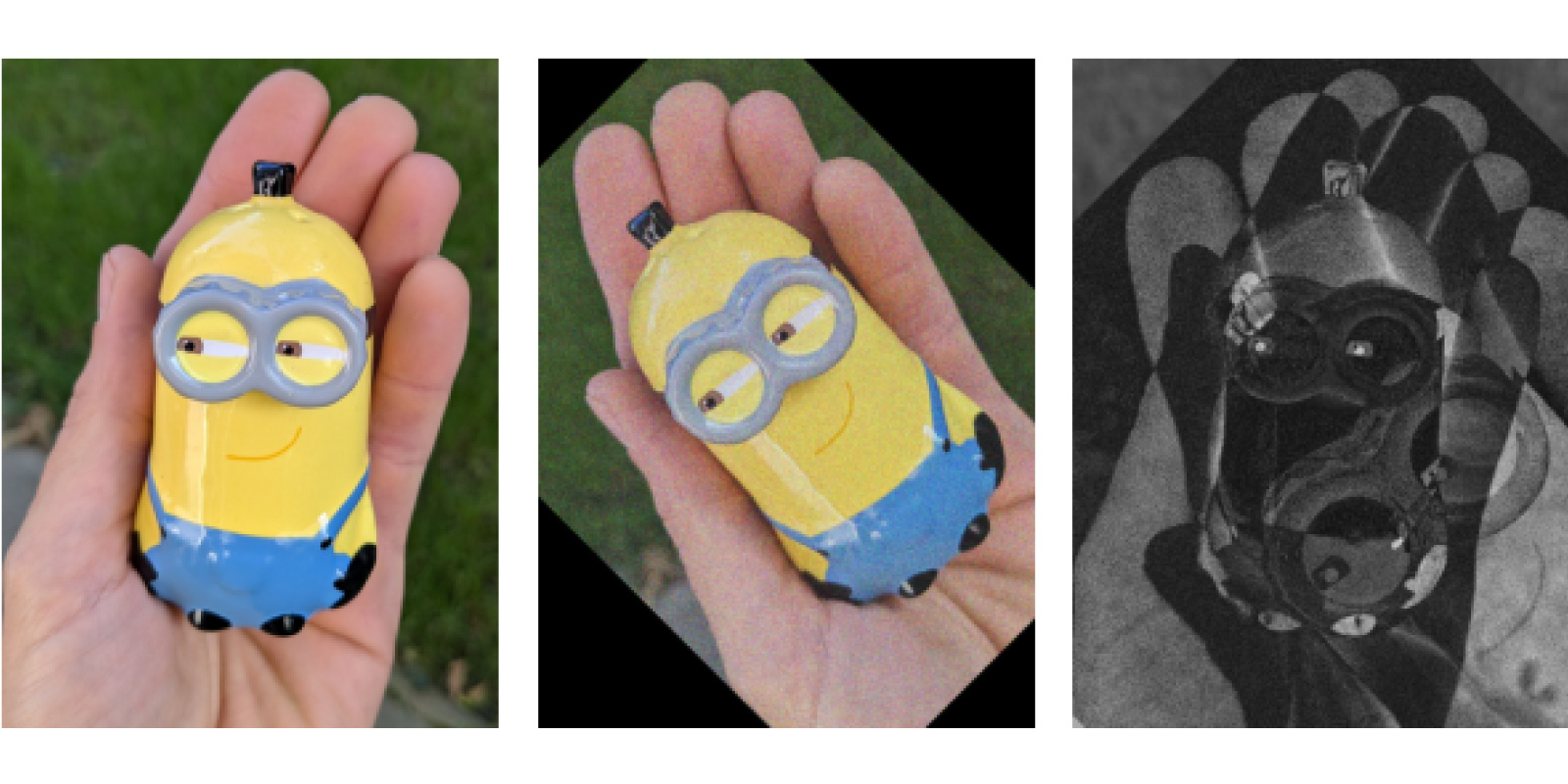 Image consists of three images; each showing a minion figure in the palm of a hand, the last image is black and white