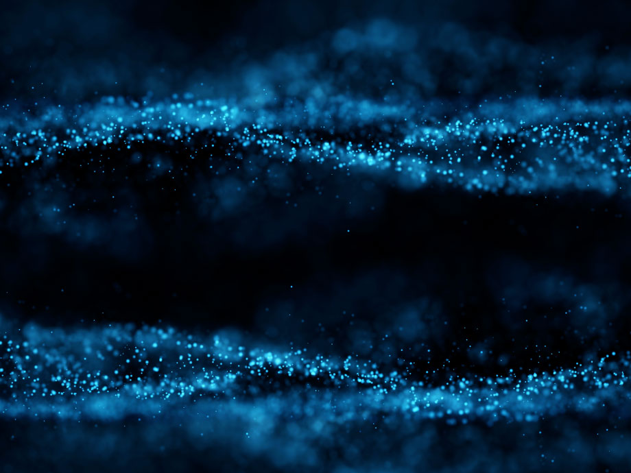 abstract visual, blue dots creating lines and wave-like structures on a dark blue, almost black background