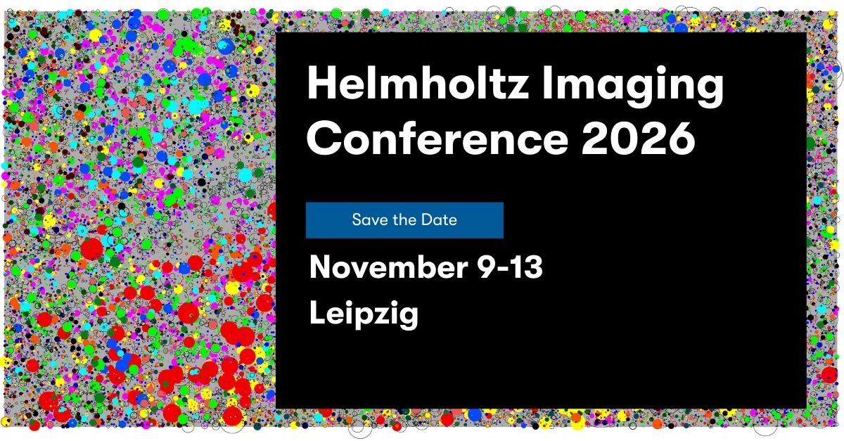 Visual to promote the Helmholtz Imaging Conference 2026; image by Thorsten Wiegand from the UFZ called "Tropical Forest on Barro Colorado Island" showing the spatial position, species (color), and size of 87,570 individual trees in a 1000m × 500m section of the tropical forest on Barro Colorado Island, located in the Panama Canal. On the image colorful dots of different sizes are placed in an unstructured way on grey background. On the image a black box is place to inform the viewers about the date and location as well as the call to save the date