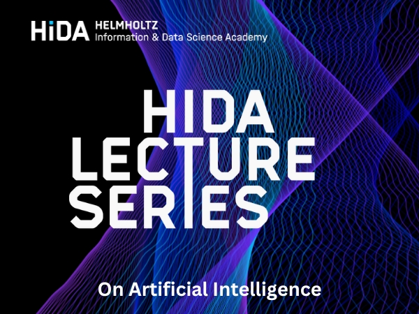 Visual to promote a HIDA Lecture; wording "HIDA Lecture Series" on an abstract background displaying blue and purple converging lines