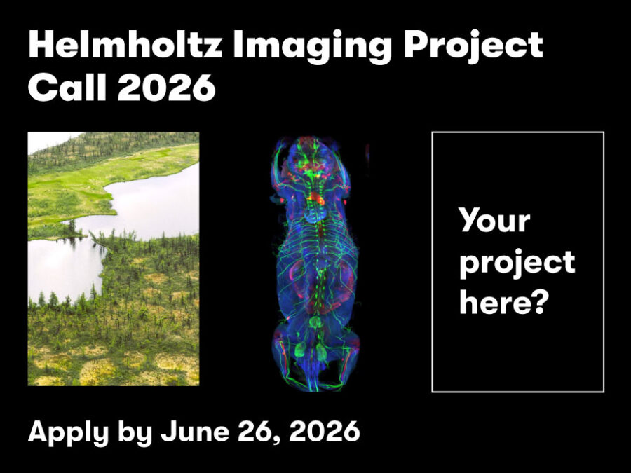 Visual to promote the Helmholtz Imaging Project Call 2026, showing title, deadline and two images from previous projects on black background