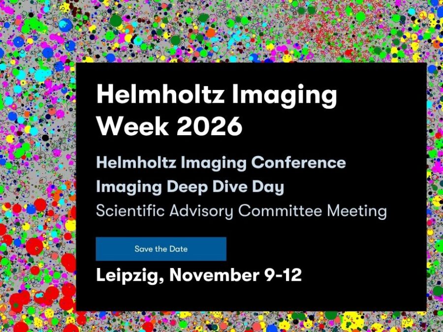 Visual to promote the Helmholtz Imaging Week 2026; image by Thorsten Wiegand from the UFZ called "Tropical Forest on Barro Colorado Island" showing the spatial position, species (color), and size of 87,570 individual trees in a 1000m × 500m section of the tropical forest on Barro Colorado Island, located in the Panama Canal. On the image colorful dots of different sizes are placed in an unstructured way on grey background. On the image a black box is place to inform the viewers about the date and location.