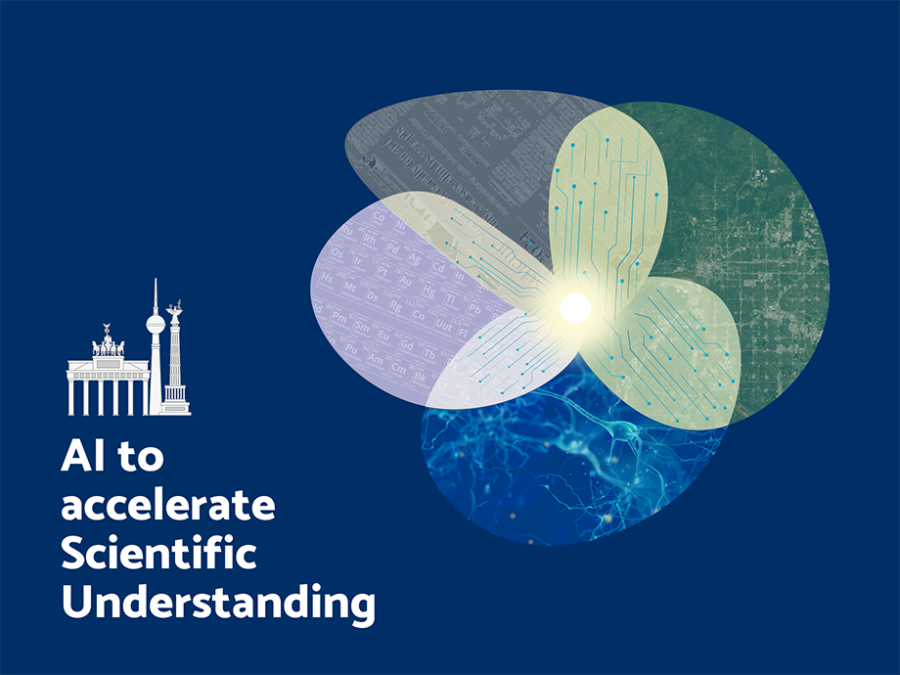 Blue banner with the text “AI to accelerate Scientific Understanding” next to stylized Berlin landmarks. On the right, a flower-like graphic composed of overlapping petals shows different scientific visuals, including circuit patterns, a periodic table, satellite imagery, and neural networks, all radiating from a bright central point.