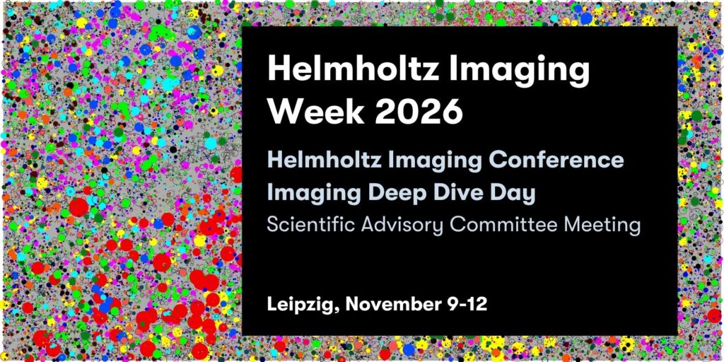 Visual to promote the Helmholtz Imaging Week 2026; image by Thorsten Wiegand from the UFZ called "Tropical Forest on Barro Colorado Island", showing the spatial position, species (color), and size of 87,570 individual trees in a 1000m × 500m section of the tropical forest on Barro Colorado Island, located in the Panama Canal. On the image, colorful dots of different sizes are placed in an unstructured way on grey background. On the image a black box is place to inform the viewers about the date and location of the Helmholtz Imaging Week.