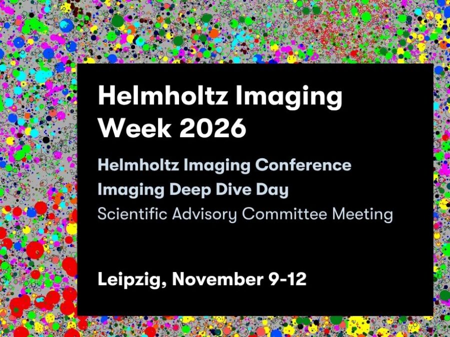 Visual to promote the Helmholtz Imaging Week 2026; image by Thorsten Wiegand from the UFZ called "Tropical Forest on Barro Colorado Island", showing the spatial position, species (color), and size of 87,570 individual trees in a 1000m × 500m section of the tropical forest on Barro Colorado Island, located in the Panama Canal. On the image, colorful dots of different sizes are placed in an unstructured way on grey background. On the image a black box is place to inform the viewers about the date and location of the Helmholtz Imaging Week.