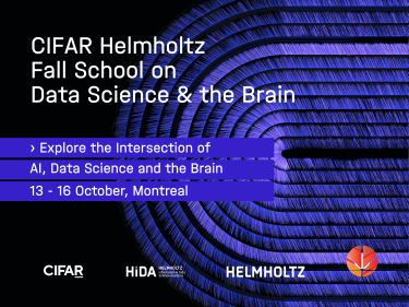 Promotional graphic for the “CIFAR Helmholtz Fall School on Data Science & the Brain” with abstract purple curved line patterns on a black background.