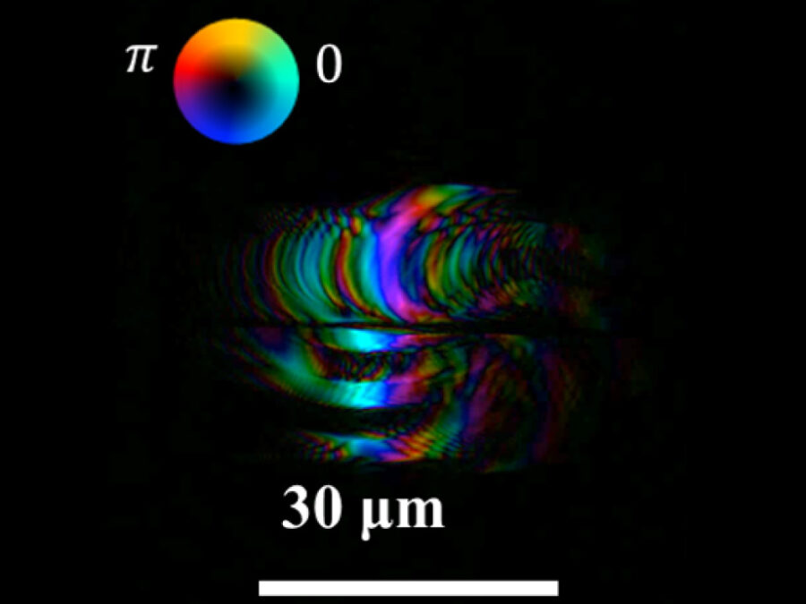 Image of a compact structure displaying curved, multicolored bands in shades of blue, green, pink, and purple against a black background. A circular color scale and a 30-micrometer scale bar are shown.