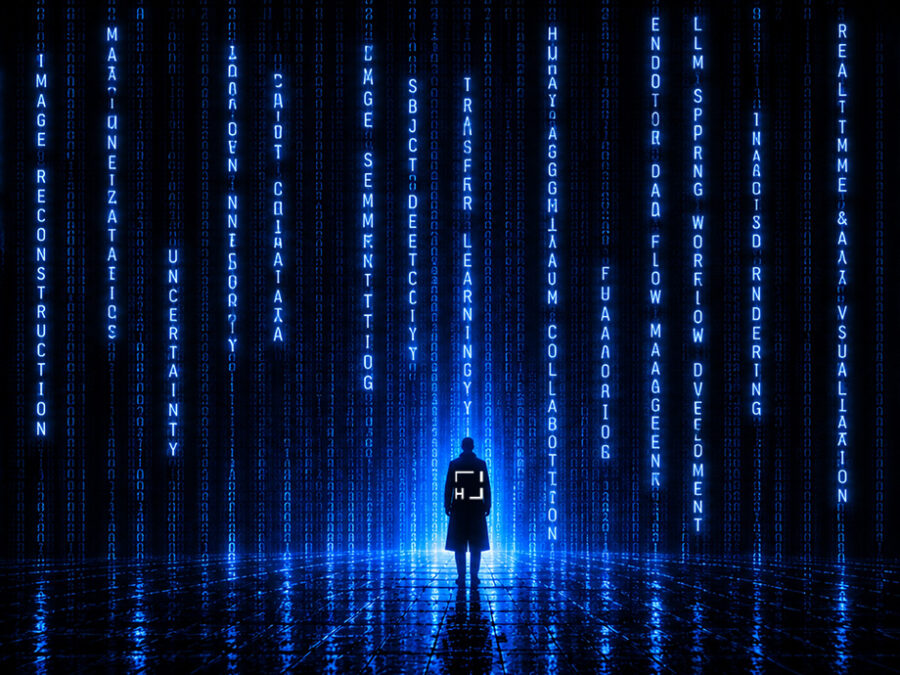 Glowing blue Matrix-style data streams with imaging-related terms and a silhouetted person standing in the center.