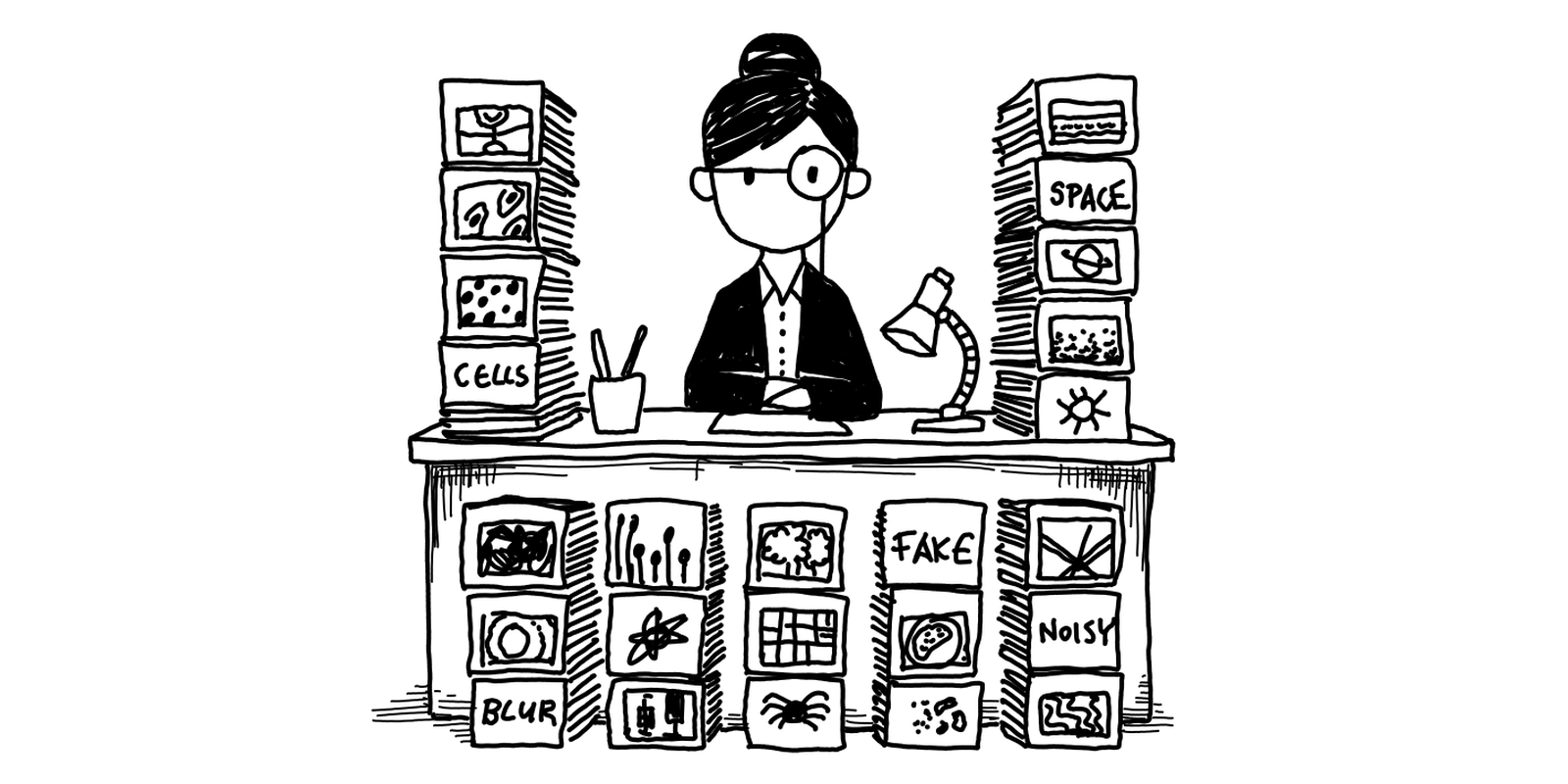 Pixel Patrol visual, a sketch of a woman sitting at a desk.