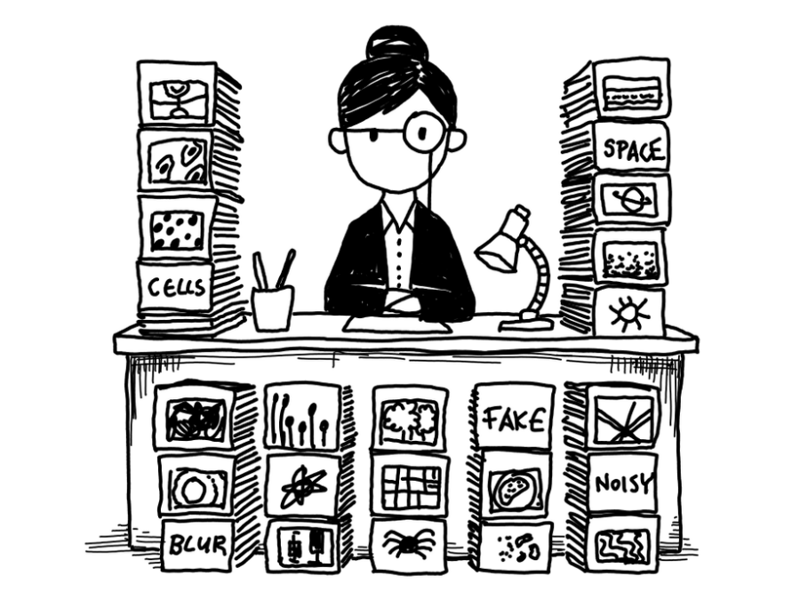 Pixel Patrol visual, a sketch of a woman sitting at a desk.