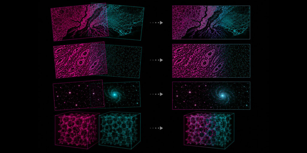 Illustration showing pairs of overlapping magenta and cyan images being combined into single merged images.