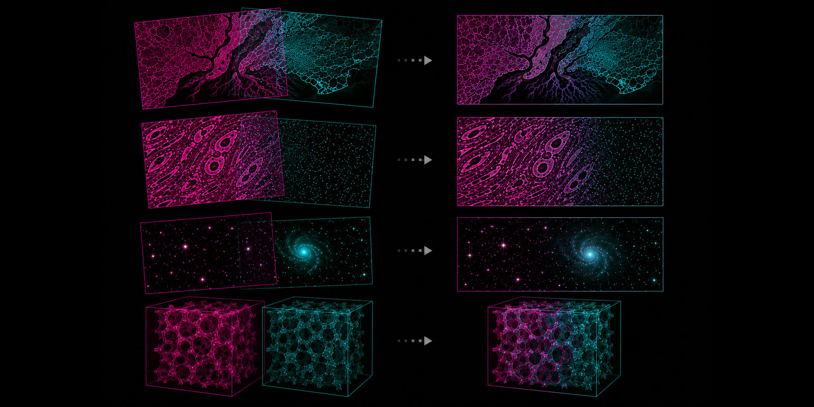 Illustration showing pairs of overlapping magenta and cyan images being combined into single merged images.
