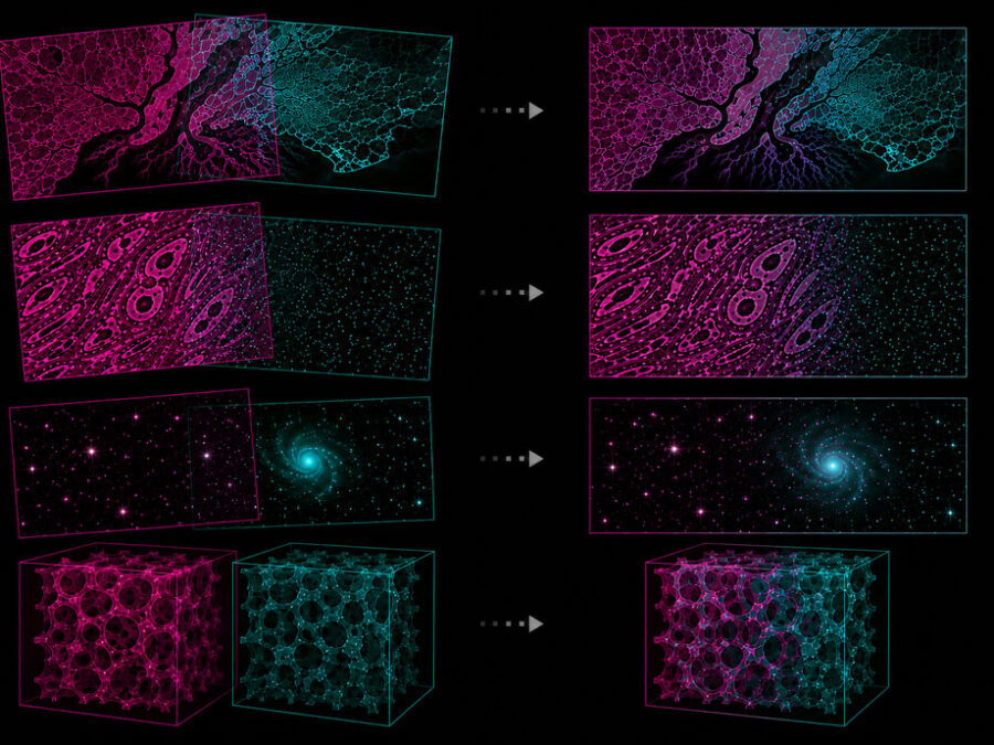 Illustration showing pairs of overlapping magenta and cyan images being combined into single merged images.