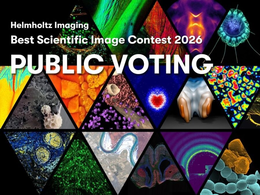 Visual to promote the Helmholtz Imaging Best Scientific Image Contest 2026 Public Choice Award Voting; a collage of images from the contest with title text centered across the collage.