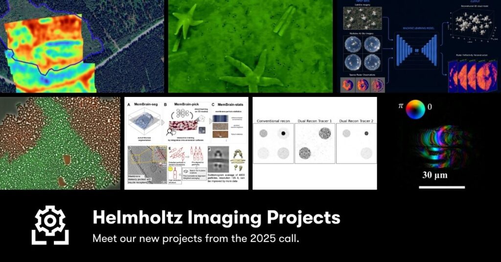 Promotional banner with a collage of six scientific images illustrating different imaging research projects, including maps, microscopy images, diagrams, and reconstruction results. A black banner at the bottom displays the Helmholtz Imaging Projects icon and the text: “Helmholtz Imaging Projects; Meet our new projects from the 2025 call.”