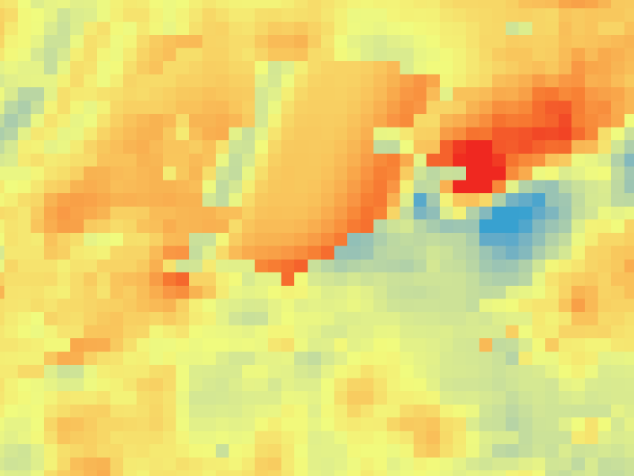 Color-coded pixel map with shades of yellow, orange, red, green, and blue.