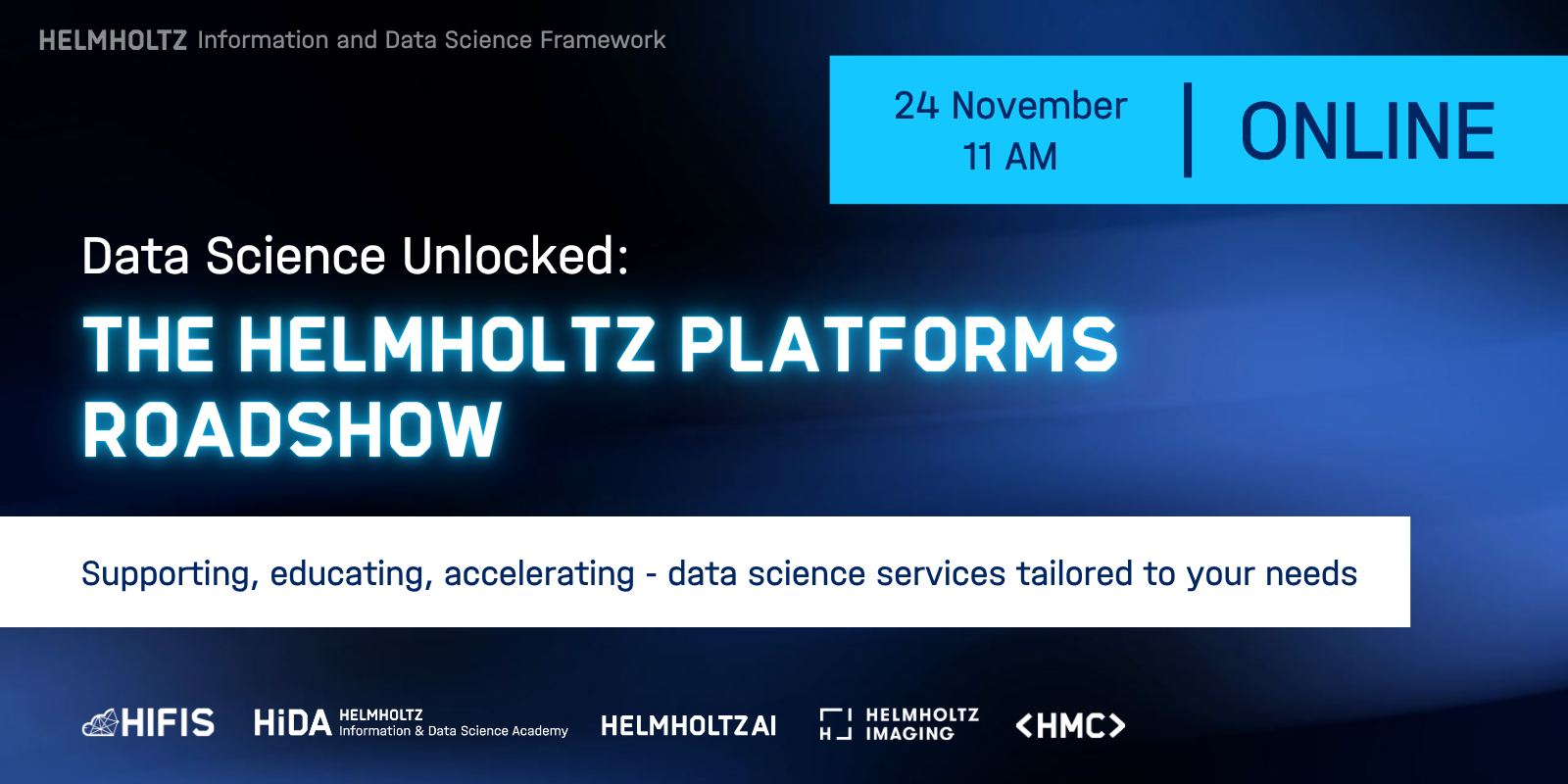 Visual to promote the Helmholtz Platforms Roadshow 2026, headline and further information on purplish background