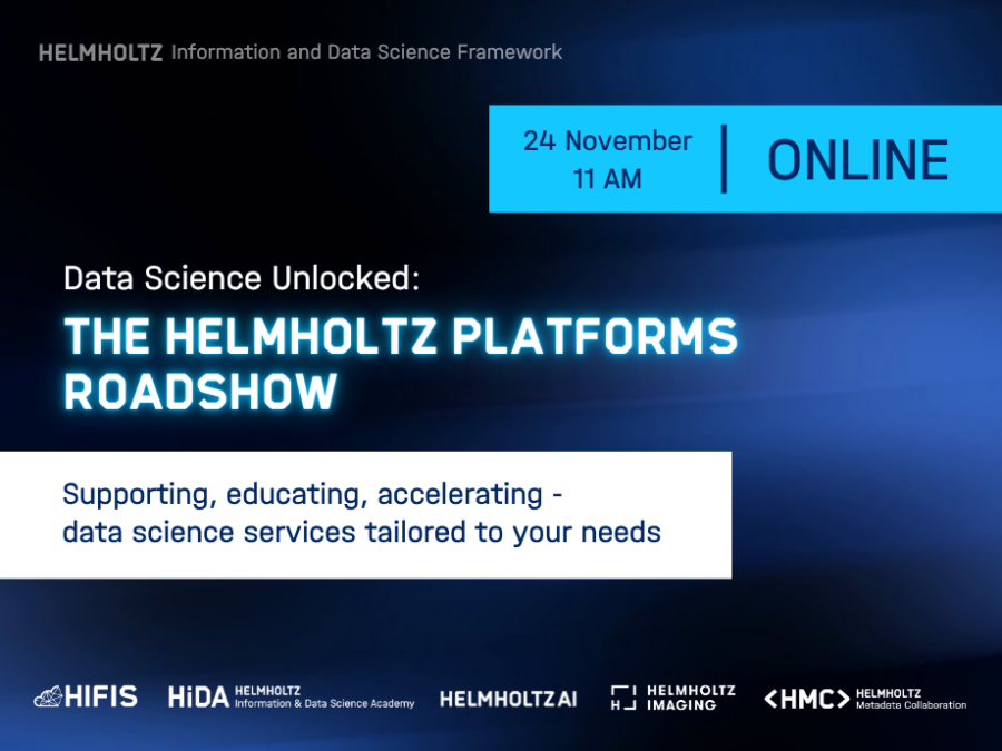 Visual to promote the Helmholtz Platforms Roadshow 2026, headline and further information on purplish background