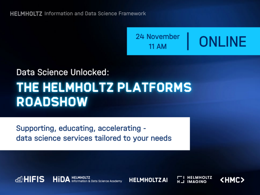 Visual to promote the Helmholtz Platforms Roadshow 2026, headline and further information on purplish background