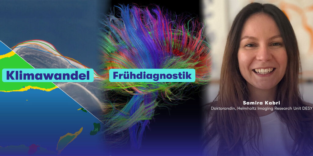Composite image showing a coastal map with colored overlays and the word “Klimawandel” on the left, a colorful visualization of curved fiber-like lines labeled “Frühdiagnostik” in the center, and a portrait of Samira Kabri, doctoral researcher at the Helmholtz Imaging Research Unit DESY, on the right.