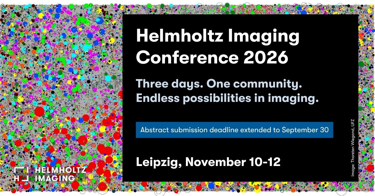 Visual to promote the Helmholtz Imaging Conference 2026 as part of the Helmholtz Imaging Week 2026; image by Thorsten Wiegand from the UFZ called "Tropical Forest on Barro Colorado Island", showing the spatial position, species (color), and size of 87,570 individual trees in a 1000m × 500m section of the tropical forest on Barro Colorado Island, located in the Panama Canal. On the image, colorful dots of different sizes are placed in an unstructured way on grey background. On the image a black box is place to inform the viewers about the date and location of the Helmholtz Imaging Conference